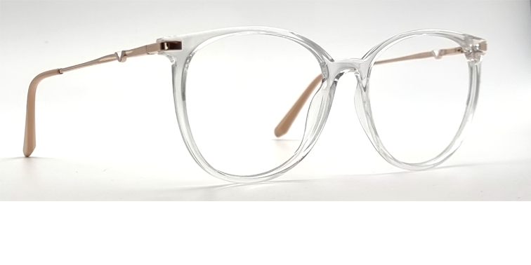 Side/Front facing view of round frame. clear frame. 'V' detail on the arm.