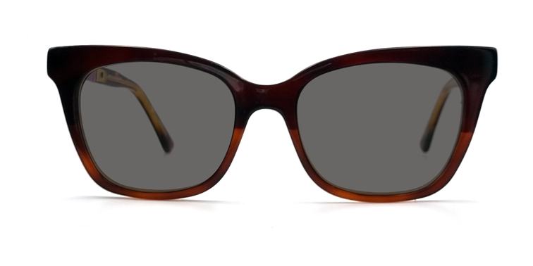 front view. Brown rounded rectangular frame showing tinted lenses