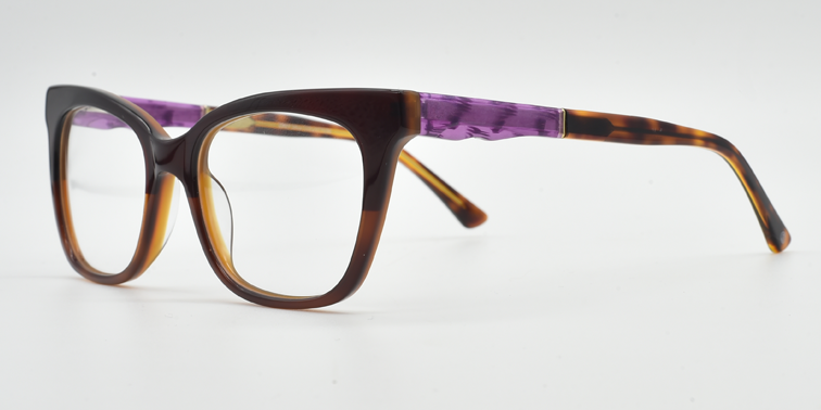 front/side view. brown rounded rectangular frame. showing purple/tortoiseshell detailed arm