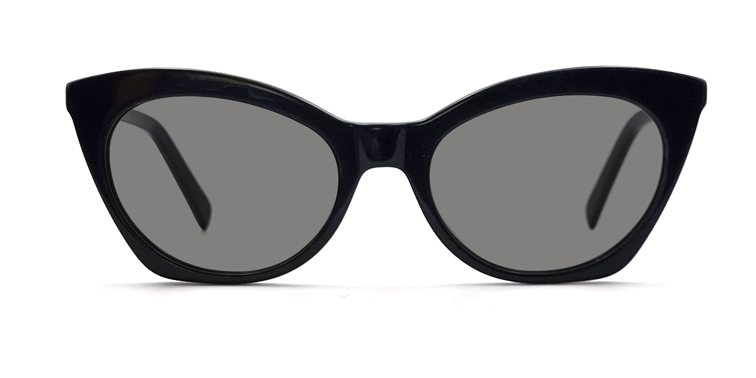 Front facing black cat's eye frame showing tinted lenses