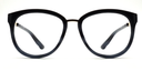 Front view. Stylish semi-cat eye glasses  in black glasses. Black bridge