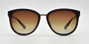 Front view. Stylish semi-cat eye glasses  in dark brown with tinted glasses. 