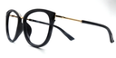 side view. Stylish semi-cat eye glasses  in black with tinted glasses. gold coloured features