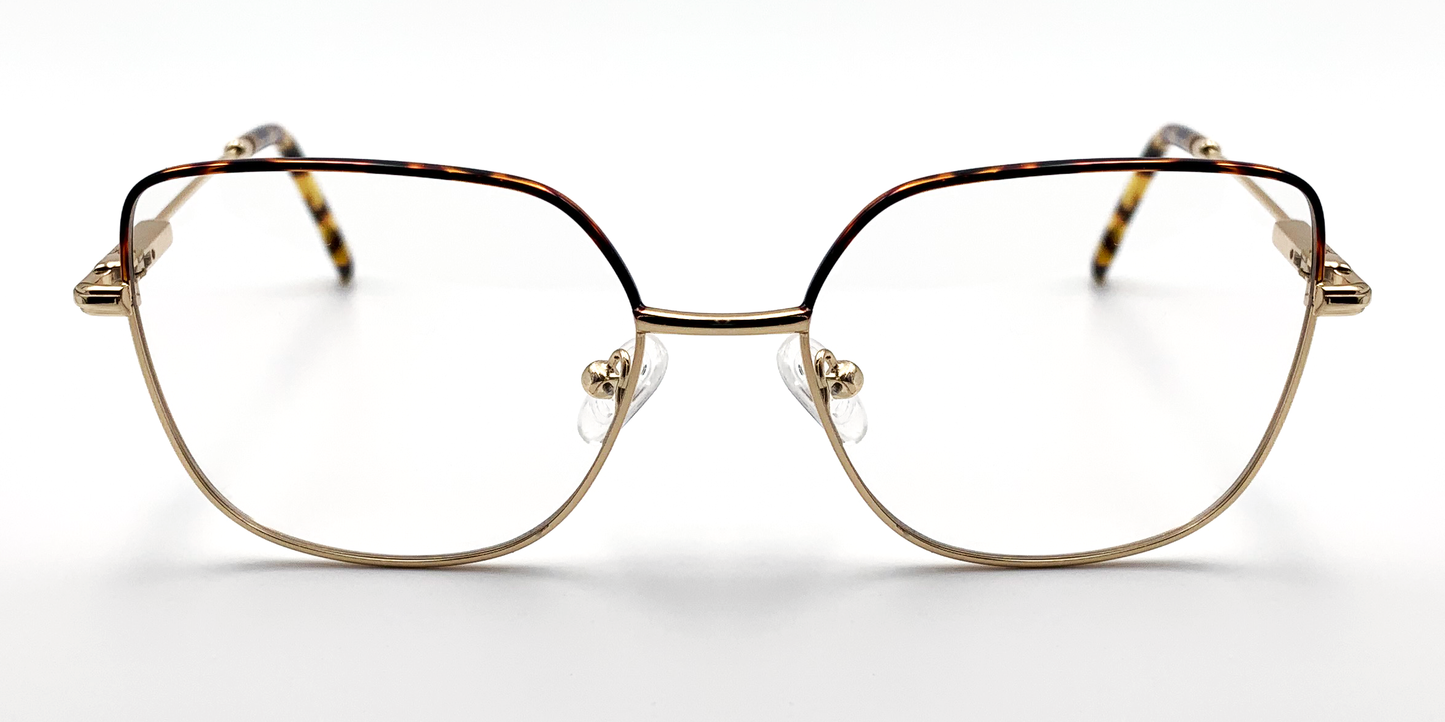 front view delicate metal frame. Tortoiseshell colour top of frame and gold colour rest of frame.