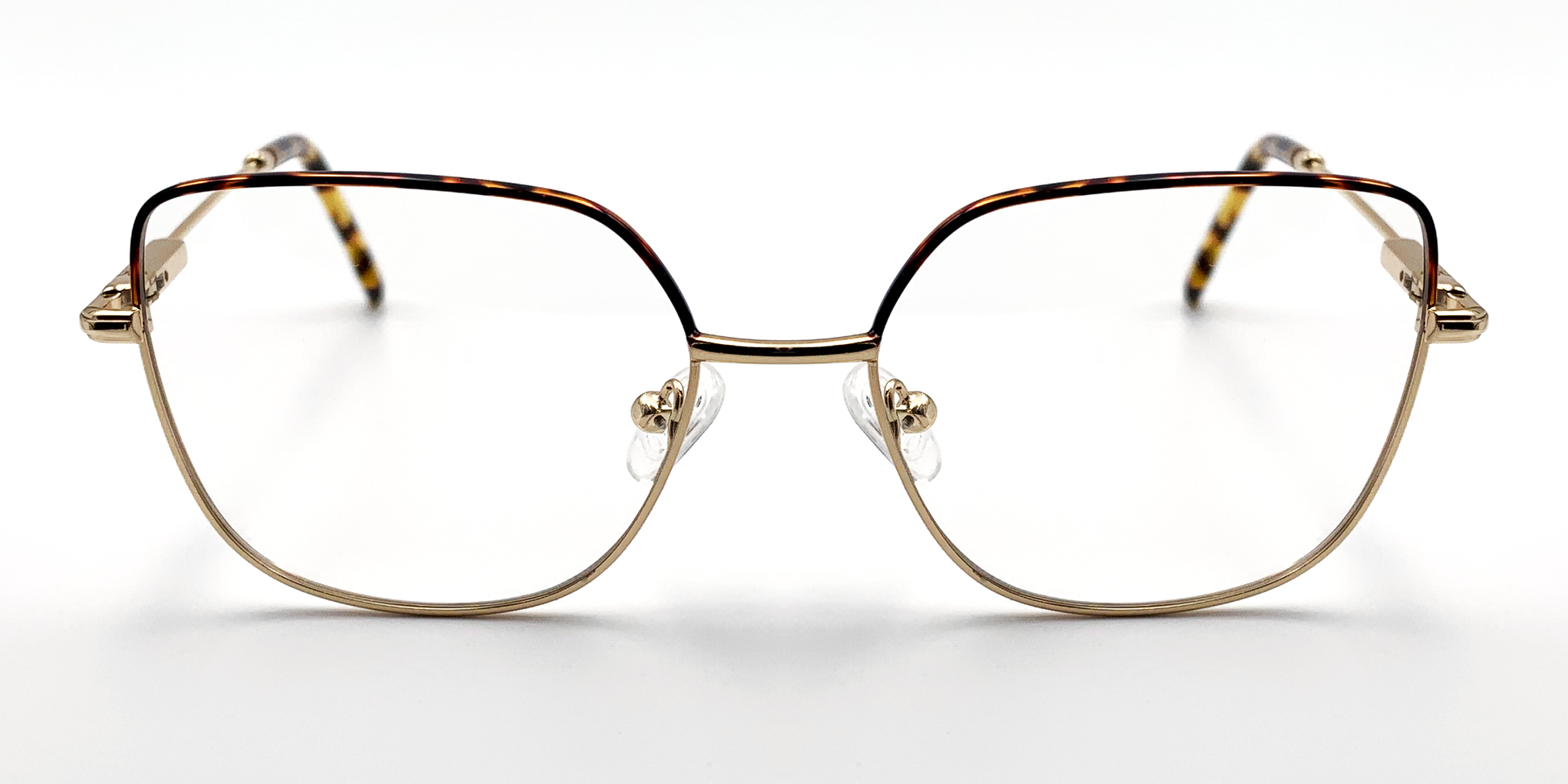 front view delicate metal frame. Tortoiseshell colour top of frame and gold colour rest of frame.