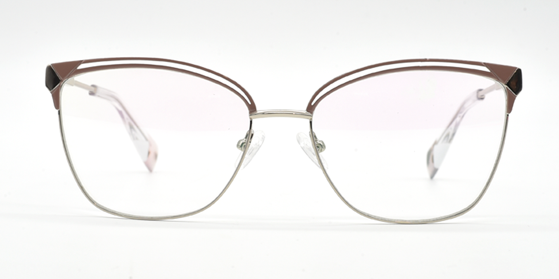 Front view of Lilac/silver frame. Lilac filigree detail on top of the frame. silver bridge and lower part of the frame. 