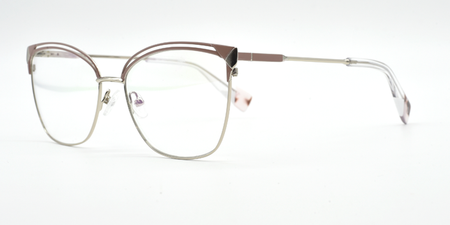 Front/side view of lilac/silver frame. lilac filigree detail on top of the frame. silver coloured bridge, arms and lower part of the frame.