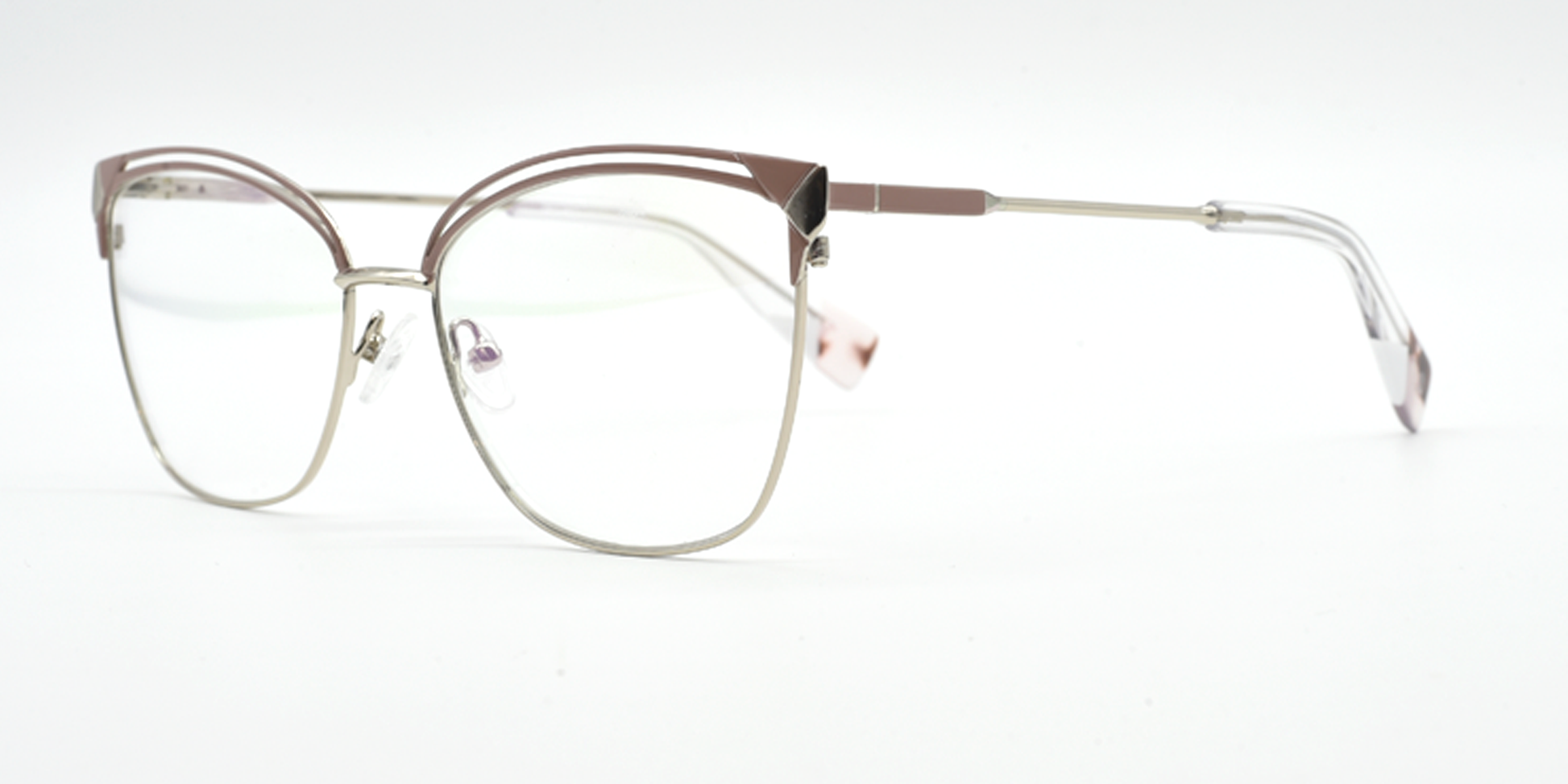 Front/side view of lilac/silver frame. lilac filigree detail on top of the frame. silver coloured bridge, arms and lower part of the frame.