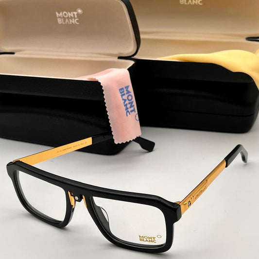 Black glasses with a Mont Blanc case and cloth on a light grey background