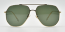 Aviator style glasses. Gold colour rims, bridge and arms. Front view with green tinted lenses.