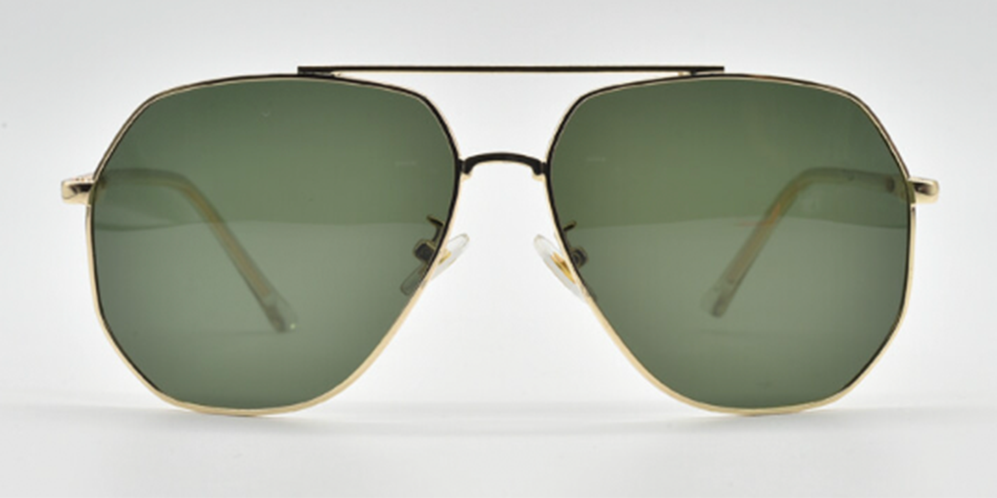 Aviator style glasses. Gold colour rims, bridge and arms. Front view with green tinted lenses.