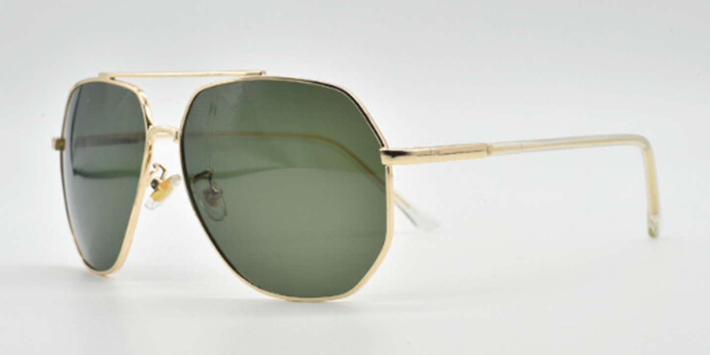 Aviator style glasses. Gold colour rims, bridge and arms. side view with green tinted lenses.