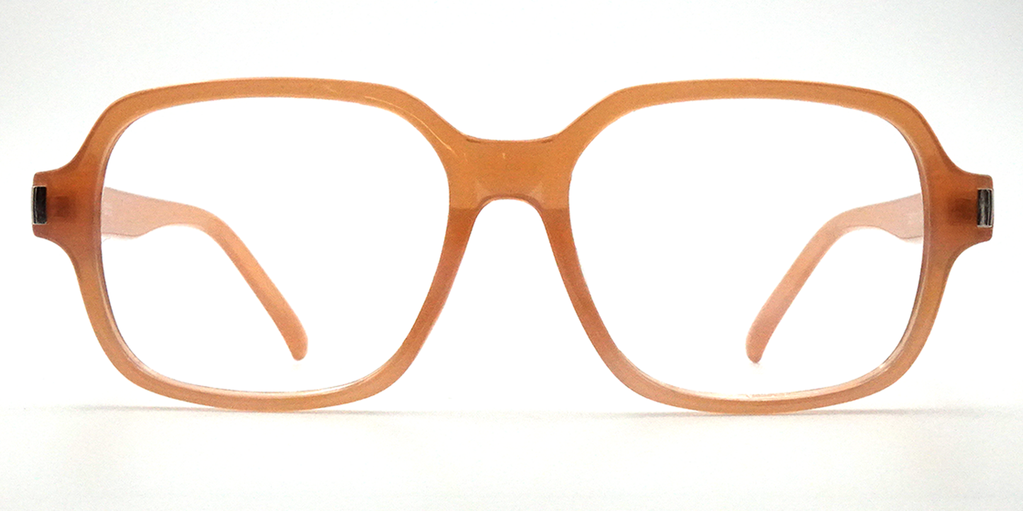 front view of light brown rounded rectangular frame. all one colour including arms. 