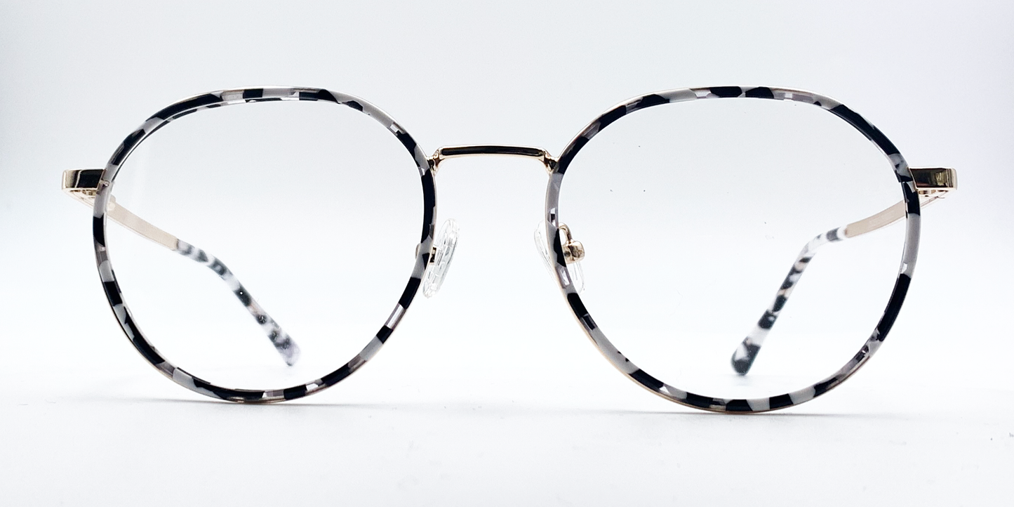 black and white round retro-style frame. Front view showing gold coloured bridge